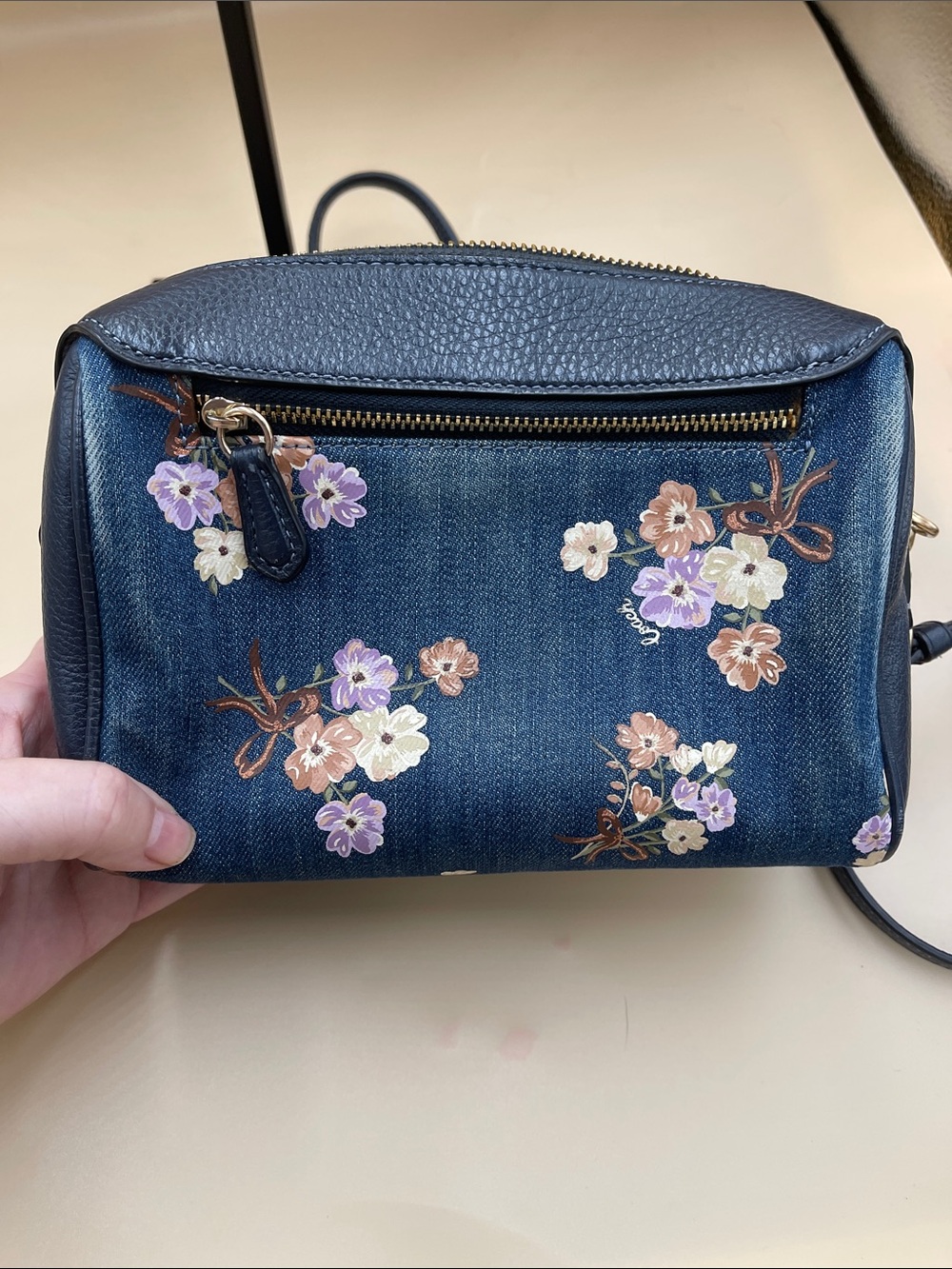 Coach Sierra Mini Satchel in Navy Floral Denim Crossbody with Dark Leather Trim - Picture 3 of 7